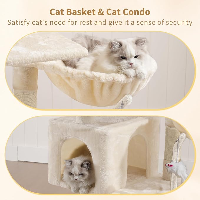 Heybly Cat Tree with Toy, Cat Tower condo for Indoor Cats, Cat House with Padded Plush Perch, Cozy Hammock and Sisal Scratching Posts, Beige HCT004SM