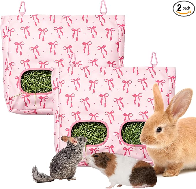 JarThenaAMCS 2Pcs Rabbit Hay Feeder Bag with 2 Holes Pink Bow Guinea Pig Hanging Hay Feeding Bag Large Storage Dispenser for Chinchilla Hamster Bunny Small Animal Pet