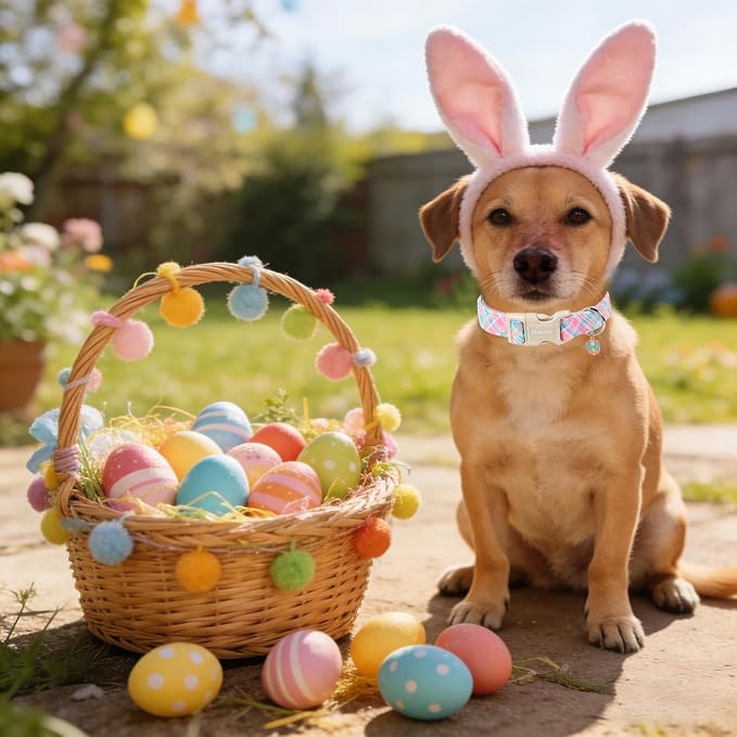 ARING PET Easter Dog Collar, Cute Colorful Plaid Stripe Girl Doggy Collars with Quick Release Buckle for Puppy Small Medium Large Dogs-XL