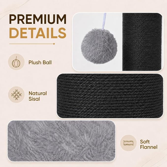 PAWSCRAT Cat Scratching Post 32 Inch High, 5.5 Inch Large Diameter Natural Sisal Cat Scratch Post, Scratch-Resistant and Durable Tall Cat Scratcher for Indoor Cats, Protect Your Furniture, Black