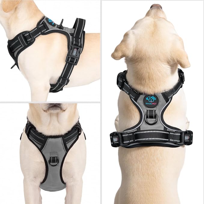 PHOEPET No Pull Dog Harness Medium Reflective Front Clip Vest with Handle,Adjustable 2 Metal Rings 2 Buckles(L, Grey)