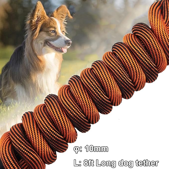 BTINESFUL Dog Tie Out Check Cord Long Tether Rope Leash, 8ft 12ft 20ft 30ft 50ft 75ft Dog Lead for Yard- Large Medium Dogs Outdoor Training Playing, Camping, or Backyard (8ft, Orange Black)