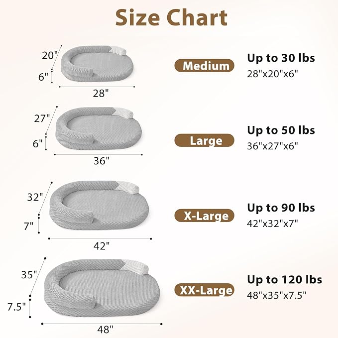 JOEJOY XXL Orthopedic Dog Beds, Extra Large Washable Waterproof Oval Dog Bed with with Removable Cover, Egg-Crate Memory Foam Pet Bed with Bolster Sides & Non-Skid Bottom, Light Grey, 48''x35''
