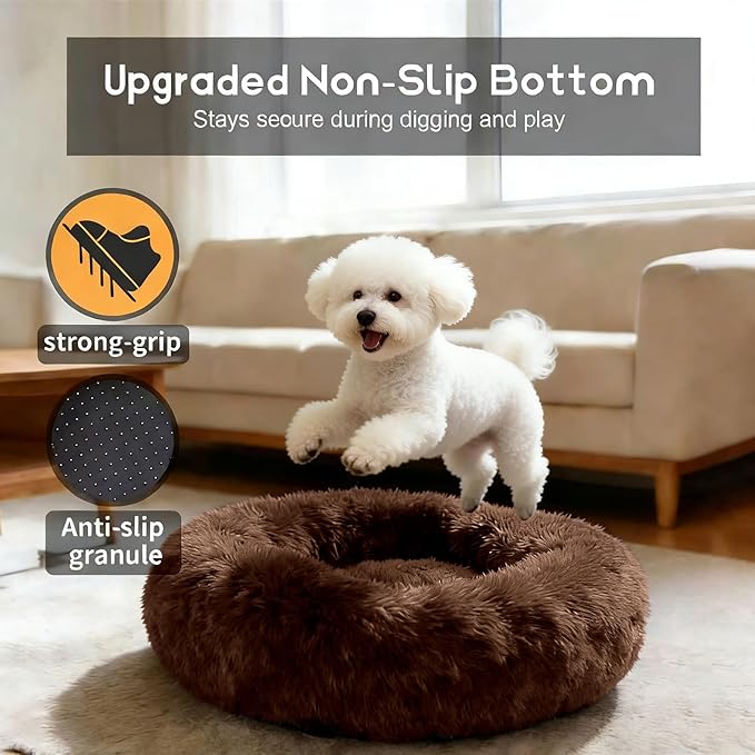 Comfort Donut Dog Bed for Small Dogs, Cat Bed & Pet Bed for Indoor Use, Medium Size with Soft Plush, Round Dog Beds for Large Dogs and Cats(Coffee, 32''Lx32''Wx8''Th)