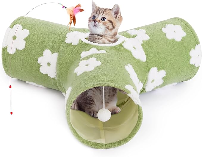Tempcore Flannel Cat Tunnel for Indoor Cats, 3 Way Collapsible Pet Play Tunnel with Teaser Wand, Peek Holes & Hanging Ball, Interactive Tube for Kittens & Rabbits, Daisy Green