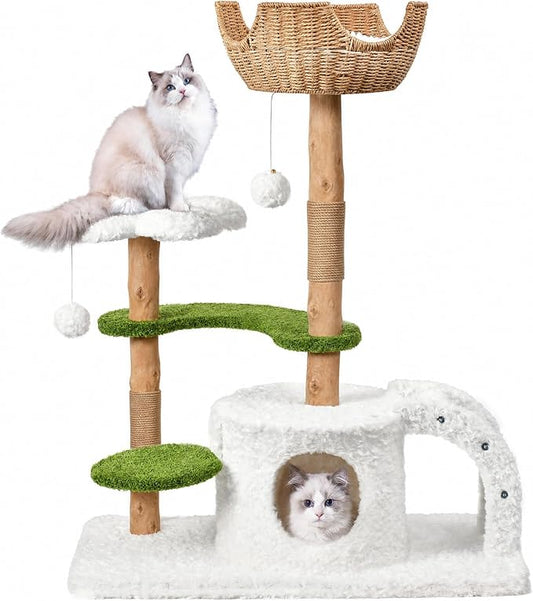 Easyego Modern Cat Tree, 45.6" Aesthetic Wood Cat Tree Tower for Large Cats, Luxury Cat Condo with Scratching Posts and Flower Platforms, Cat Furniture, White&Green