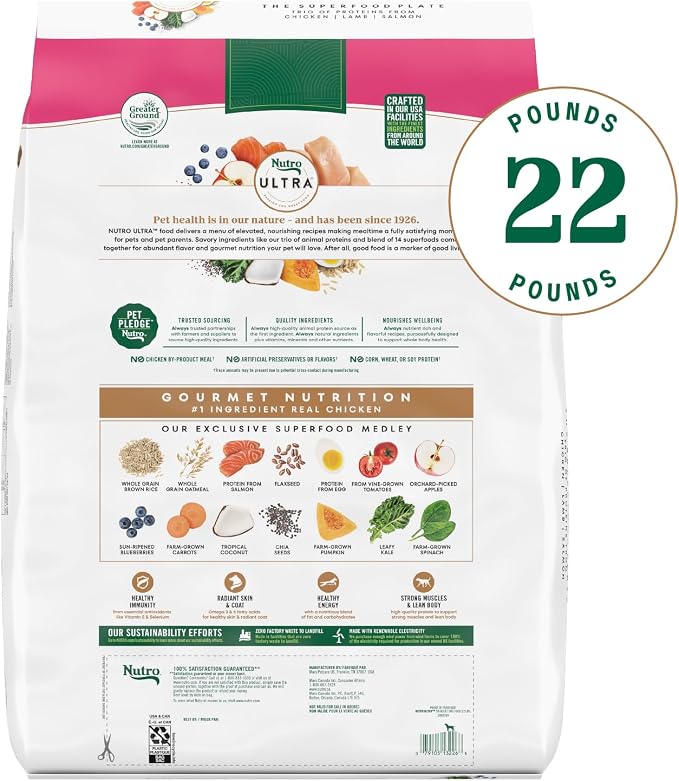 Nutro Ultra Adult Small Breed Dog Food Dry Recipe, Dry Dog Food for Small Dogs, Chicken, Lamb and Salmon Protein Trio, 22 lb. Bag