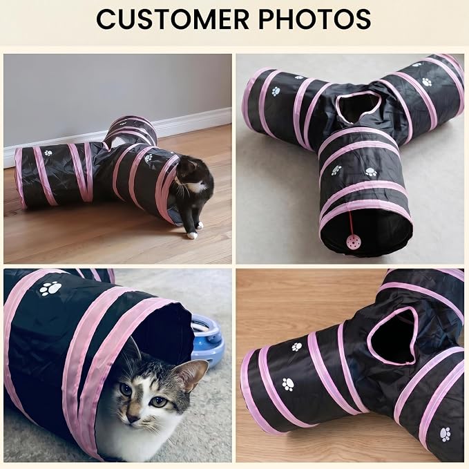 Cats Bunny Tunnel Tube Pink,3 Way Collapsible Small Animal Play Tunnel Toys with Ball for Indoor Cat Kitten Bunny Rabbit Ferret Small Animals (Black@Pink)