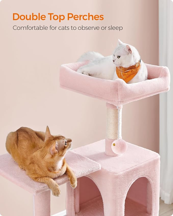 Feandrea Cat Tree, 54.2-Inch Cat Tower, Plush Multi-Level Condo with 4 Scratching Posts, 2 Perches, Hammock, Cave, Jelly Pink UPCT161P01