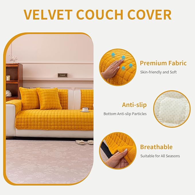 Velvet Couch Cover, Plush Sectional Sofa Cover Washable, Anti Slip Sofa Slipcover for Armrest & Backrest, Furniture Protector Covers for Pets & Kids(1PC,Mustard Yellow,36"×36")
