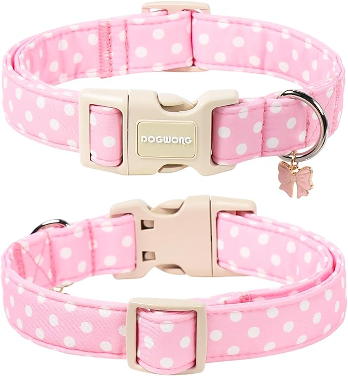 Spring Summer Dog Collar for Girl Dogs- Pink Polka Female Dog Collar, Adjustable Soft Beach Dots Dogs Collars for Small Dogs, S