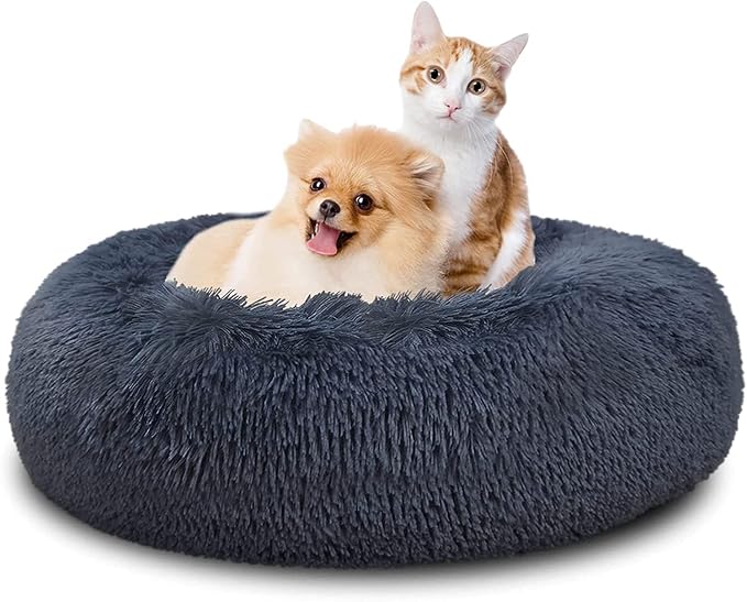 SAVFOX 36 inches Calming Donut Dog Bed - 3X Durable Plush Faux Fur, Machine Washable & Non-Slip, Fits up to 100 lbs, Dark Grey