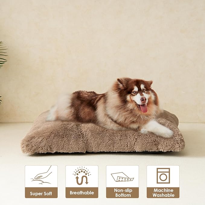 EHEYCIGA Fluffy XXL Dog Crate Pad, Plush Faux Fur Bed for Extra Large Dogs, Calming Anti Anxiety XXL Dog Bed, Washable Soft Warm Mat with Non-Slip Bottom, Camel