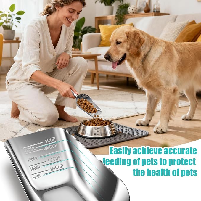 AIERSA 2Pcs Pet Food Scoop & Measuring Cup for Dogs & Cats, Stainless Steel Dog Scoop1 ¾ / ½ / ¼ Cup with Multi-Unit Markings for Precision Feeding, Easy-Clean Metal Food
