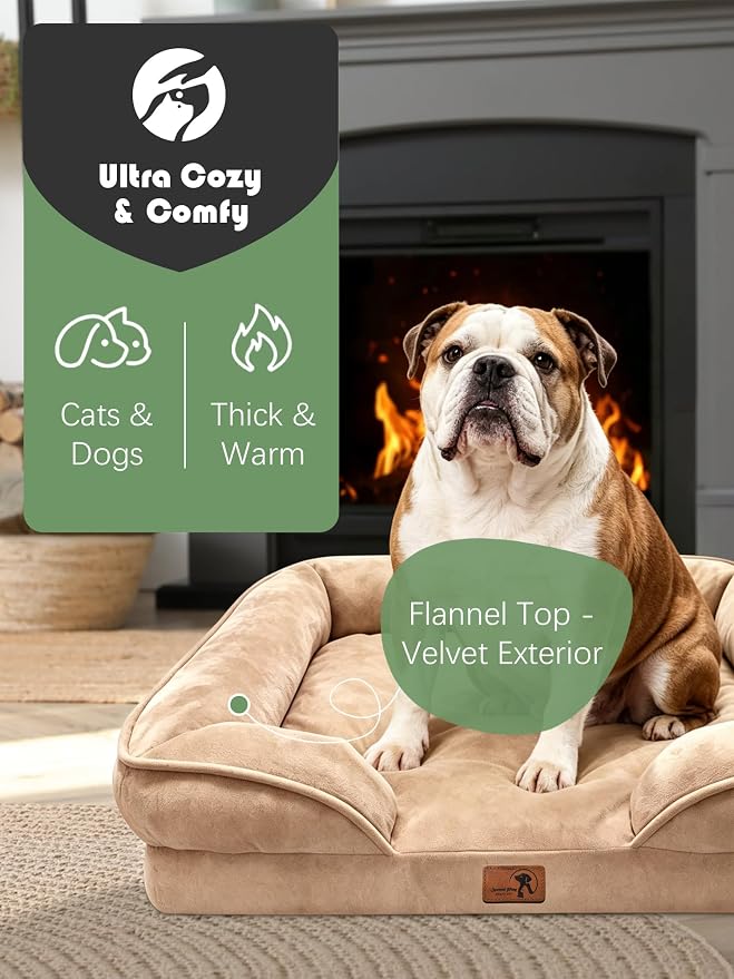 Spotted Play Orthopedic Dog Bed with Sides - Sofa Beds for Large Dogs, Supportive Foam Pet Couch Bed with Washable Removable Cover, Waterproof Lining and Non-Slip Bottom, Brown - L
