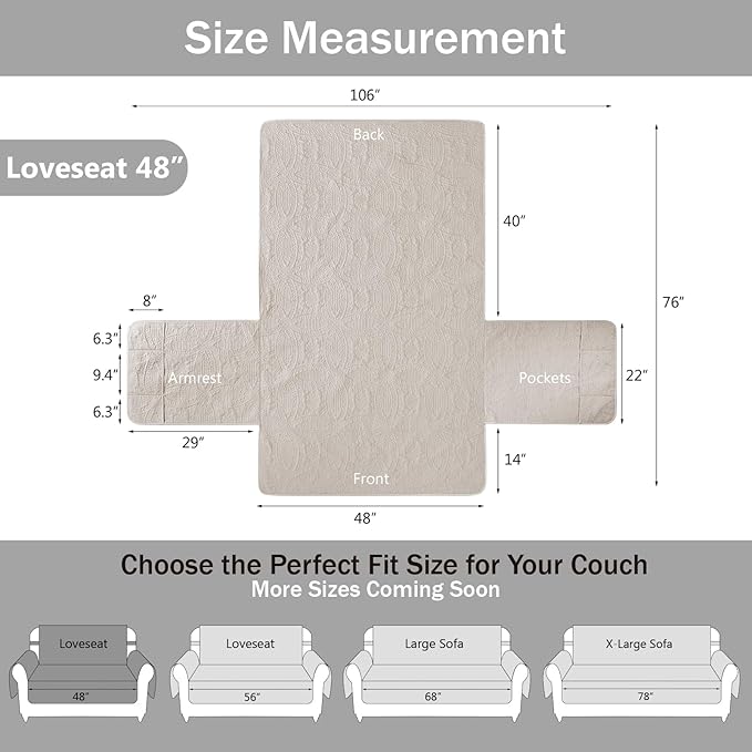 Beige Loveseat Covers for 2 Cushion Couch, Water-Repellent Quilted Covers for Sofa, Machine Washable Love Seat Couch Covers, Pet Friendly Loveseat Slipcovers (Loveseat 48", Beige Cream)