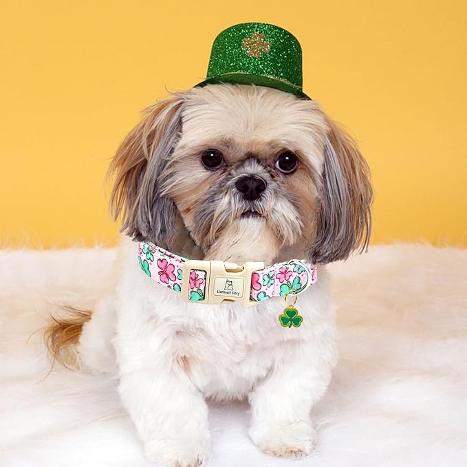 Lionheart glory St. Patrick's Day Dog Collar, Clover Collars Pink Dog Collar for Large Dogs Spring Female Dog Collar Adjustable Heavy-Duty Dog Collar Pet Gift Plastic Buckle