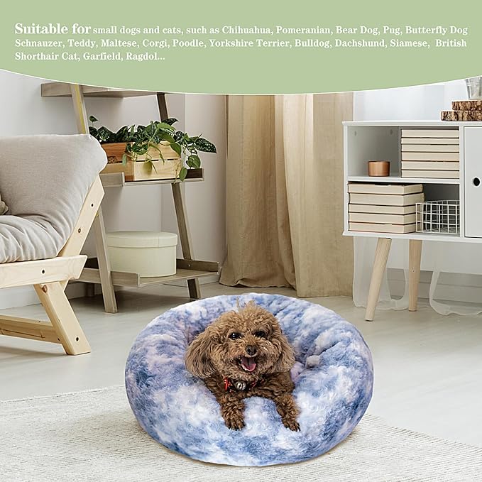 Calming Dog Bed for Small Dogs Cats, Kitty Puppy 23'' Round Anti-Anxiety Warm Fluffy Plush Faux Fur Bed, Soft Anti-Slip Donut Washable Small Pet Bed, Cozy Cat Puppy Bed, Fits up to 30 lbs Pets