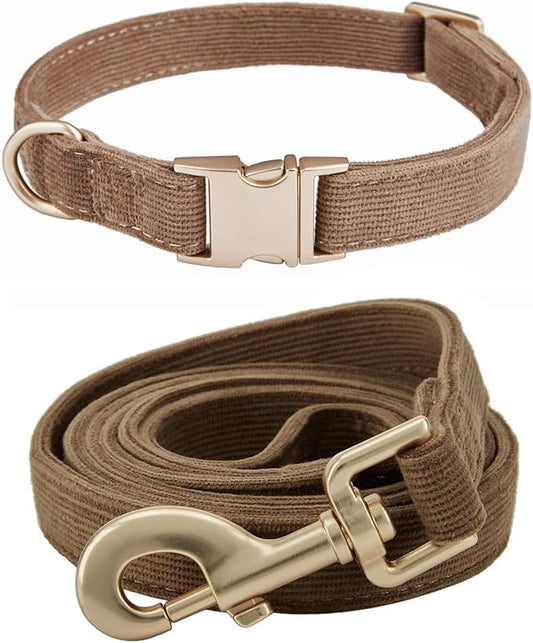 Soft Corduroy Dog Collar and Leash Set Adjustable Durable Dog Collars with Metal Buckle and Lead for Large Dogs,Brown