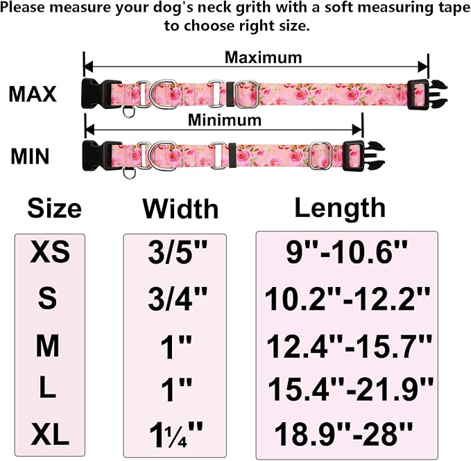 Female Martingale Dog Collar with Buckle Cute Girl Pink Floral Dog Collars for Medium Dogs, Watercolor Pink Rose