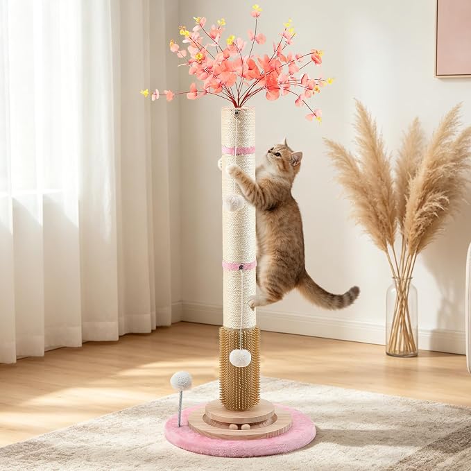 45'' Tall Cat Scratching Post Tree,Heavy Duty for Indoor Large 3.5Inch Diameter Natural Sisal Rope Post,Stable Real Wood Base,Artificial Plant Design Scratcher with Interactive Ball Toy for Home Decor