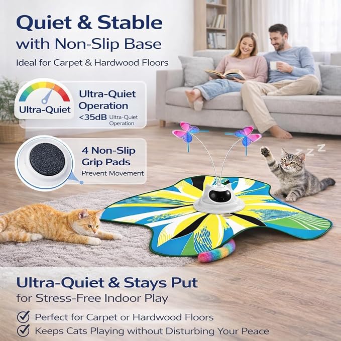 Interactive Cat Toy for Indoor Cats, Rechargeable 3-in-1 Hide and Seek Cat Toy with Spinning Butterfly & Plush Tail, Touch Activated Self Play Electric Cat Exercise Toy for Adult Cats & Kittens
