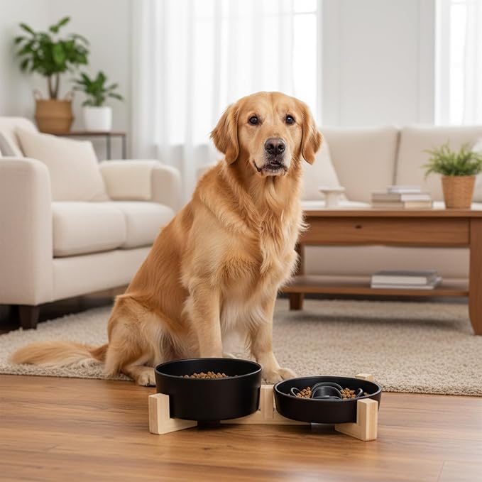 Ceramic Slow Feeder Dog Bowl Set-0.8 Cup Puzzle Dog Food Bowl（≈180g Food） for Fast Eater & 850ML Dog Water Bowl with Wooden Stand for Small Dogs and Cats,Anti-Slip,Black