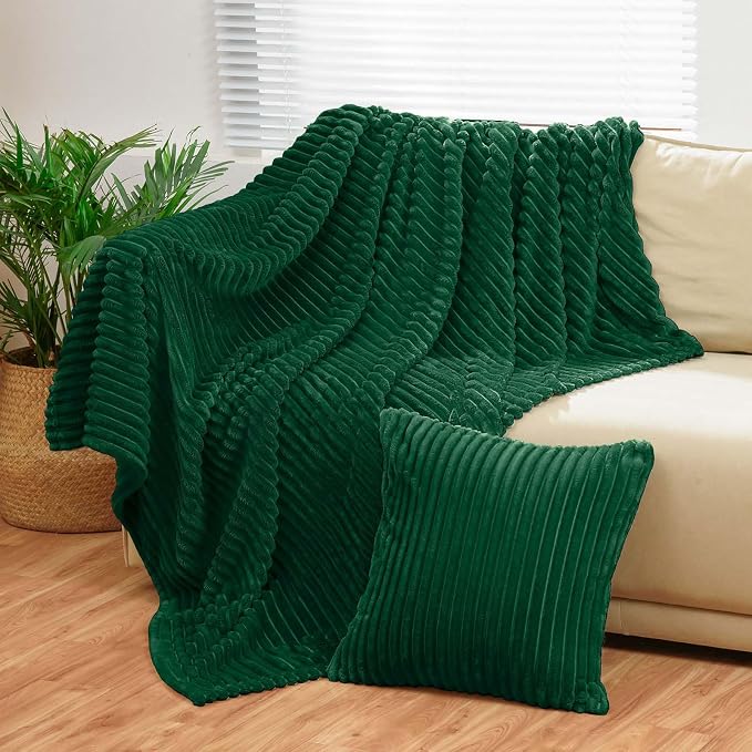 Bnuitland Dark Green Flannel Throw (50X71 inches) with Pillow Cover(18×18"),300GSM Super Soft Fleece Stripe Pattern Sofa Blanket, Lightweight Cozy Bed Throw for Home Decor All Season