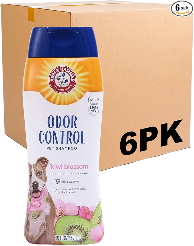 Arm & Hammer Deodorizing Dog Shampoo Baking Soda Odor Control Tearless Moisturizing Sensitive Skin Fresh Kiwi Blossom Scent Safe for Dogs and Puppies 20 FL OZ 6 Pack Everyday Grooming Routine