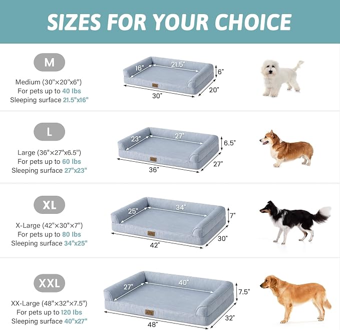 COZY KISS Cooling Dog Bed for Extra Large Dogs, 48"x32" Orthopedic Foam Sofa with Bolster Sides, Q-Max >0.4 Cooling Technology, Cool Pet Bed with Removable Washable Cover, Blue