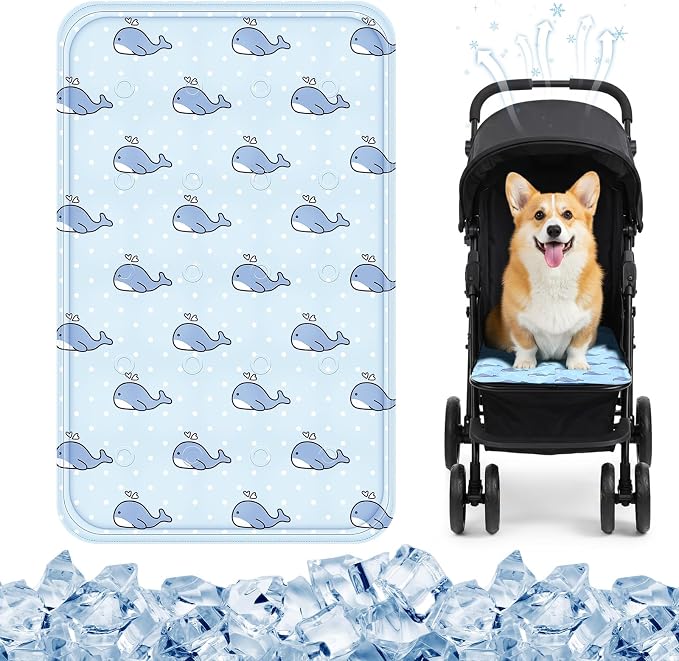 Nuanchu Dog Stroller Cooling Mat, Waterproof Gel Pet Cooling Pad for Summer, Washable Cat Sleeping Blanket, Portable Ice Gel Travel Mat for Cats, Crates, Car Seat(11.81 x 19.69 Inches,Whale)