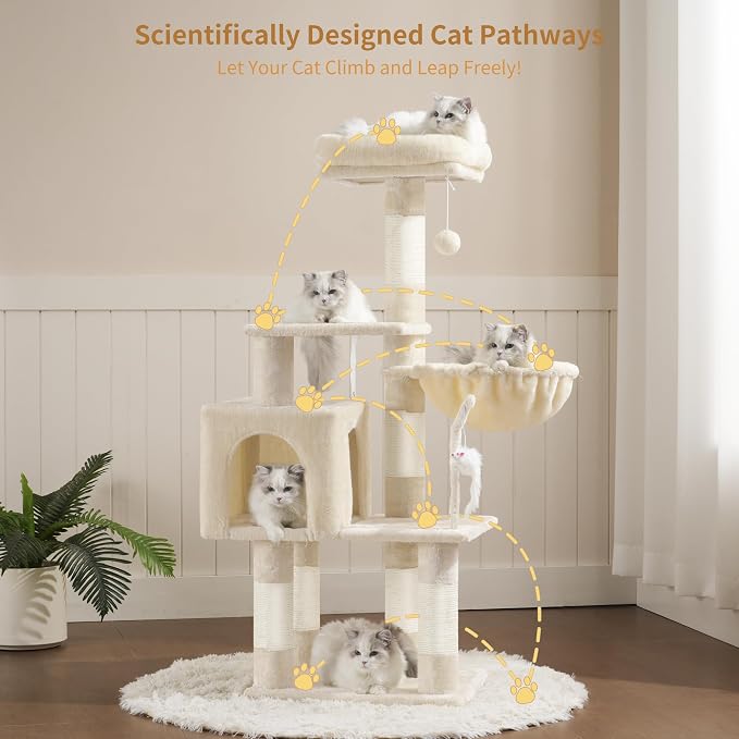 Heybly Cat Tree with Toy, Cat Tower condo for Indoor Cats, Cat House with Padded Plush Perch, Cozy Hammock and Sisal Scratching Posts, Beige HCT004SM