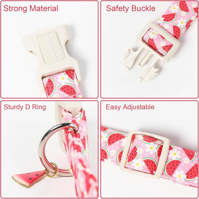Summer Watermelon Dog Collar for Girly Dogs- DOGWONG Spring Summer Girl Pink Flower Pattern Dog Collar, Adjustable Soft Cute Dogs Collars for Small Dogs, S