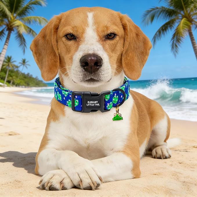 Elegant Little Tail Summer Dog Collar, Cute Green Frog Pattern Soft Cotton Pet Collars with Sturdy Quick Release Buckle Male Adjustable Pet Collar for Small Medium Large Dogs