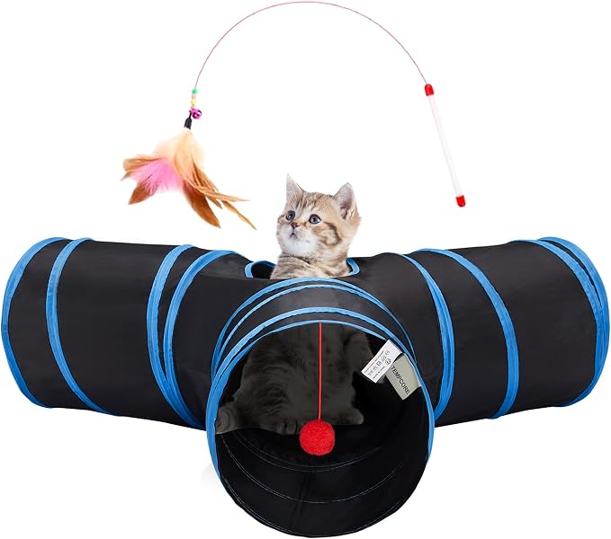 Tempcore Cat Tunnel for Indoor Cats, 3 Way Collapsible Pet Play Tunnel with Teaser Wand, Peek Holes & Hanging Ball, Interactive Tube for Kittens & Rabbits, Black & Royal Blue
