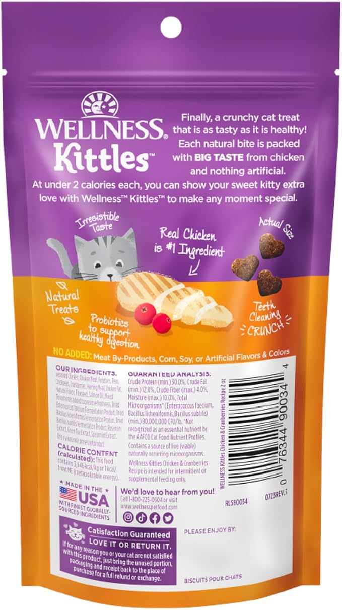Wellness Kittles Crunchy Cat Treats, All Lifestages, Kitten to Senior, Natural, Grain Free, Chicken and Cranberry Flavor, 2 oz Bag