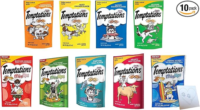 Temptations Cat Treats Temptations Huge Variety Pack, All 9 Flavors: Chicken, Medley, Turkey, Tuna, Catnip Fever, Beef, Surfer, Cookout 1 Pet Paws Notepad (9 Bags Total, 3 Ounces Each), 10 Piece Set