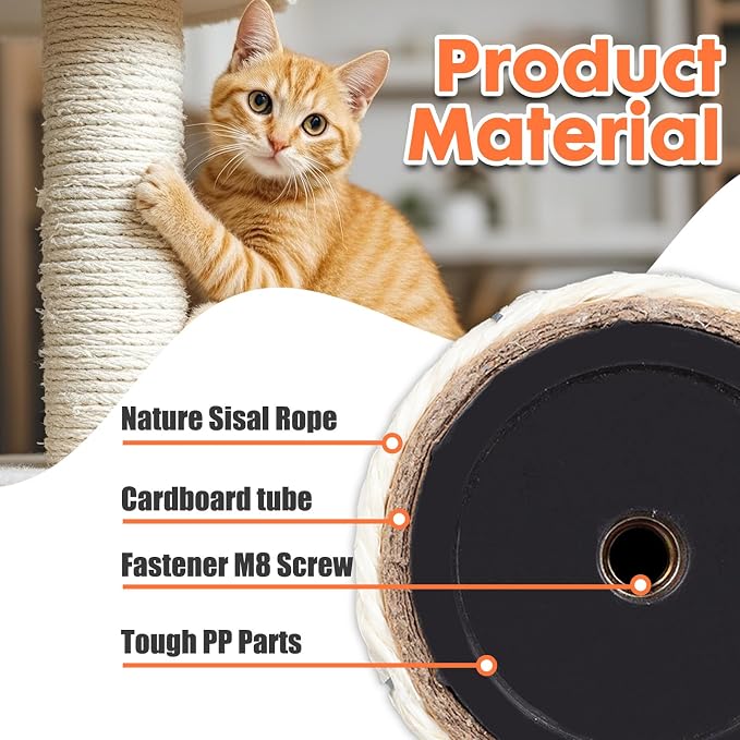 PowerKing Natural Sisal Replacement Scratching Post, 4 Pieces M8 Cat Scratch Post Refill Pole Parts for Refurbishment, White, Include Screws, White, 15.74''+15.74''+7.87''+7.87''