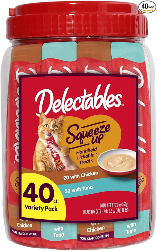 Delectables Squeeze Up Variety Pack, Creamy Squeezable Puree, Lickable Wet Cat Treats, Grain-Free, No Added Fillers, 0.5 Ounces Tube, 40 Tubes Total
