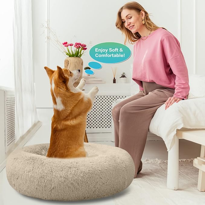 SAVFOX 20 inches Calming Donut Dog Bed - 3X Durable Plush Faux Fur, Machine Washable & Non-Slip, Fits up to 15 lbs, Beige