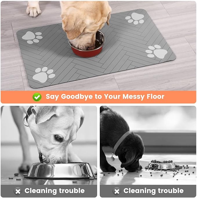 Pet Feeding Mat-Absorbent Pet Placemat for Food and Water Bowl, with Waterproof Rubber Backing, Quick Dry Water Dispenser Mat for Dog and Cat (32"x22", Striped Light Gray)