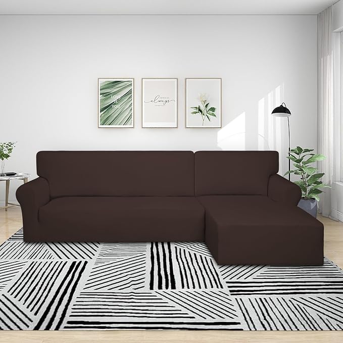 PureFit Super Stretch Sectional Couch Covers - 2 pcs Spandex Non Slip Sofa Covers with Elastic Bottom for L Shape Sectional Sofa Couch, Great for Kids & Pets (3 Seat Sofa + 2 Seat Chaise, Chocolate)