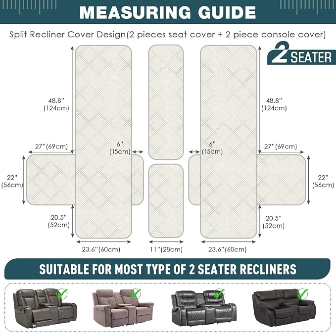 TAOCOCO Loveseat Recliner Cover with Center Console, 100% Waterproof Pet Cover for Dual Recliner with Straps Design, Split Reclining Loveseat Covers Furniture Protector (2 Seater, Peacock Blue)