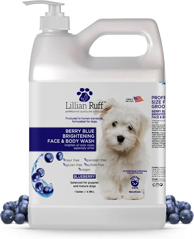 Lillian Ruff PRO Formula Berry Blue Brightening Pet Shampoo - Ultra-Hydrating Professional Whitening Dog Shampoo, Vivid Show-Quality Coat Enhancer, Tear Stain & Odor Eliminator, Vitamin B5, 128oz+Pump