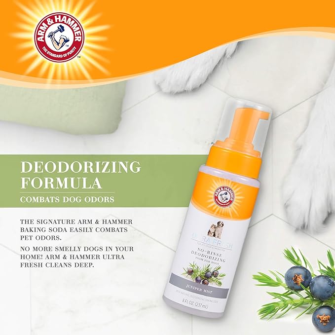 Arm & Hammer Ultra Fresh Waterless Dog Shampoo Foam with Baking Soda Deodorizer No Rinse Odor Control Grooming Foam Between Baths Pump Bottle Juniper Mist Scent 8 FL OZ Dogs and Puppies Daily