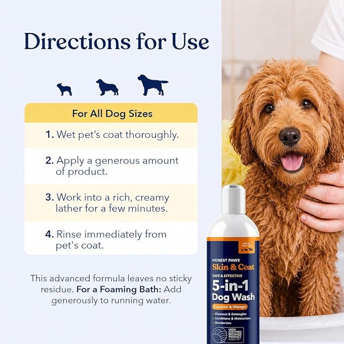 Honest Paws Dog Shampoo and Conditioner - Premium Dog Wash for Allergies and Dry, Itchy, Moisturizing for Sensitive Skin - Sulfate Free, Plant Based, All Natural - Coconut & Mango -16 Fl Oz