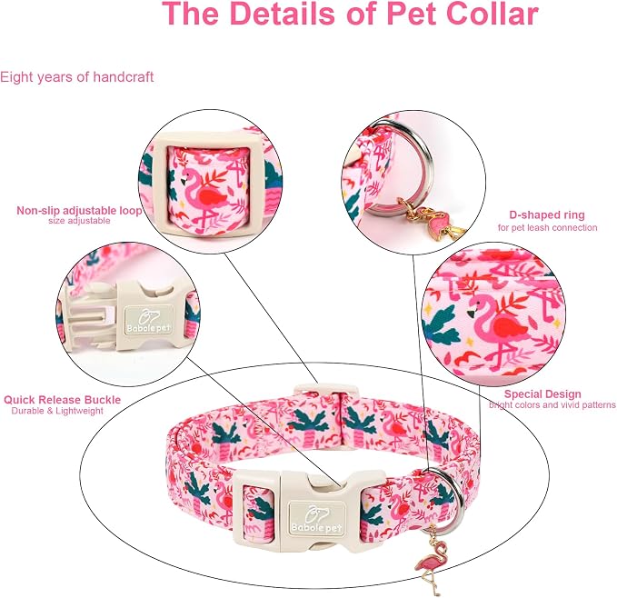 Summer Dog Collar Pink Flamingo Dog Collars for Medium Dogs - Lightweight Adjustable Cute Male Female Dogs Everyday Collar with Quick Release Buckle M