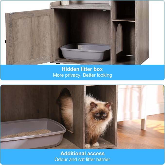 Hey-brother Cat Tree with XL Litter Box Enclosure, All-in-one Cat Tower for Indoor Cats with Large Hammock, Bed, Food Station, Scratching Posts, Modern Style Pet Furniture, Rustic Gray MPJ101SG