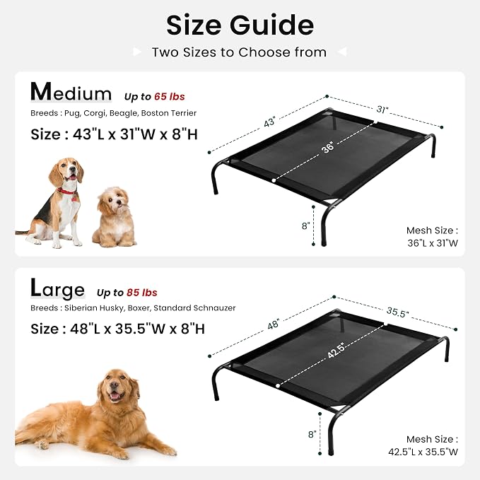 Love's cabin Elevated Cooling Dog Bed for Medium Dogs, Portable Indoor & Outdoor Raised Pet Dog Cat Cot, Durable Summer Frame with Breathable Mesh, Black, 43" x 31.5" x 8"