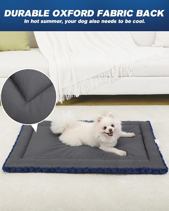 Washable Dog Bed Mat Crate Pad Soft Fluffy Pet Kennel Beds Dog Sleeping Mattress for Large Jumbo Medium Small Dogs, 36 x 23 Inch, Blue